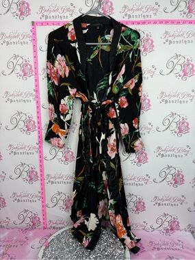 Dance & Marvel Black Floral Midi Wrap Dress with Pink & Orange Blooms